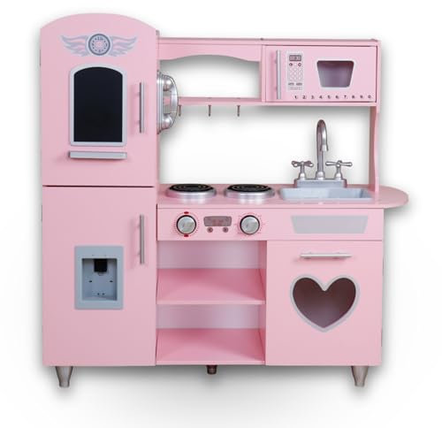 Rijoka Cuisine pour enfant en bois, rose, avec cœur, cuisine de jeu, avec micro-ondes, cuisinière, évier, 85 x 33 x 89 cm