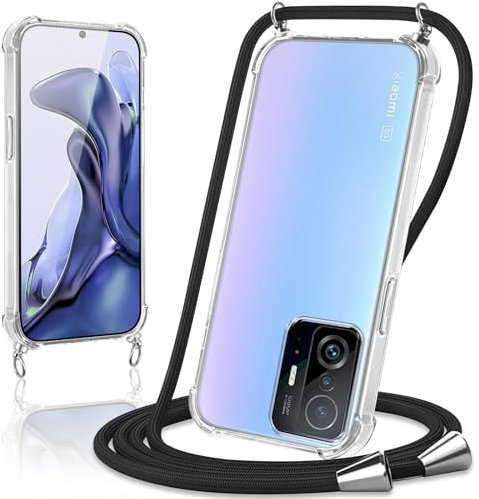 Coiwxmoi Coque avec Cordon pour Xiaomi 11T 5G / 11T Pro 5G 6,67, Collier Réglable Téléphone Étui Portable Lanyard Case Transparent Ultra Souple Silicone TPU Housse Antichoc Protection Cover, Noir