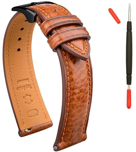Gomvadr Leder Uhrenarmband pflanzlich gegerbtes Top-Grain-Lederarmband, 16 18 19 20 21 22mm Schnellspanner-Ersatzarmbänder (Cognac/Schwarze Schnalle/Match Stitch, 20mm)