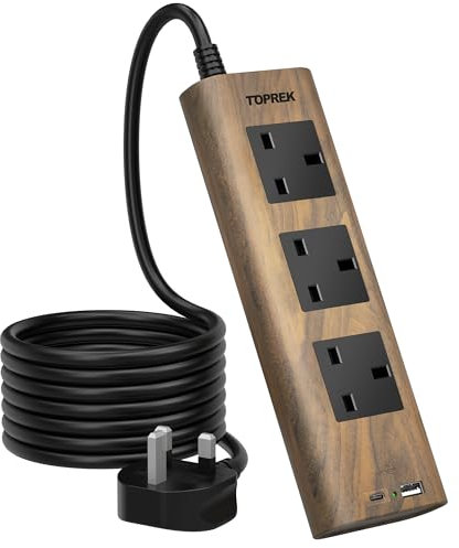 TOPREK Wood Grain 3 Way Extension Lead with USB Slots, Surge Protection, ON/OFF Switch, 13A/3250W, Extension Cable 2M for Home Kitchen Office