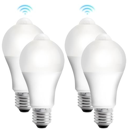 4 Stück E27 LED Glühbirne mit Bewegungsmelder, LED Birne mit PIR Bewegungsmelder E27 Lampe 12W Kaltes Weiß 3000K Lichtsensor Energiesparlampe für Flur Garage Treppe