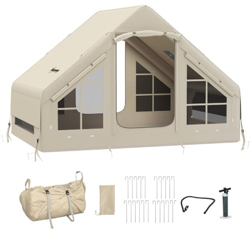 Outsunny Inflatable Camping Tent Stove Jack Hole 2-4 Person | With Pump, Easy Setup Family Blow Up Tent, Waterproof Glamping Luxury Inflatable Tent, Mesh Windows, Doors, Hook, Carry Bag