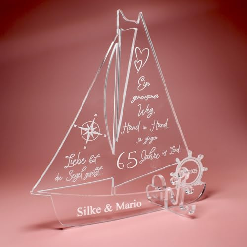 DEKOLANDO Geschenk Eiserne Hochzeit personalisiertes Schiff aus Acryl | 65 Hochzeitstag, Personalisiertes Geschenk