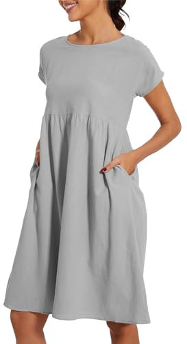 Sommerkleid Damen Leicht Und Luftig Leinenkleid Kurzarm Strandkleid Rundhalsausschnitt Freizeitkleid Mit Taschen Musselin Kleid Midikleid Einfarbig Große Größen S-5XL