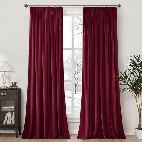 MIULEE Samtvorhang mit Kräuselband 2er Set 140X260 cm, Schöne Dicke und Schwere Wohnzimmer Schlafzimmer Deko Blickdichte Vorhänge, Weinrot Samt Gardinen Verdunkelung Thermovorhang Samt kräuselband