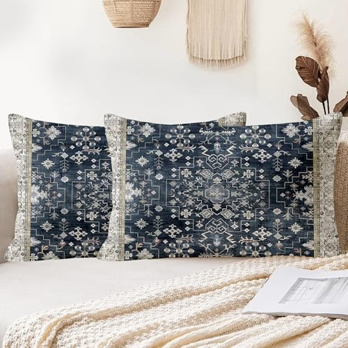 XPHZZL Pack of 2 Bohemian Style Linen Decorative Cushion Covers 30x50 cm Square Throw Pillow Covers 12x20 Inch Boho Style Pillowcases for Outdoor Home Decor Sofa Bedroom Car - Blue Brown