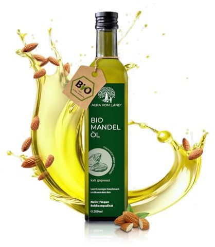 Aura vom Land Bio Premium Mandelöl Kaltgepresst – Natürliches Sweet Almond Oil – Ideal als Speiseöl, Kosmetik, Baby Öl, Haaröl & Massageöl – Süßmandelöl Hergestellt in Bayern (250ml)
