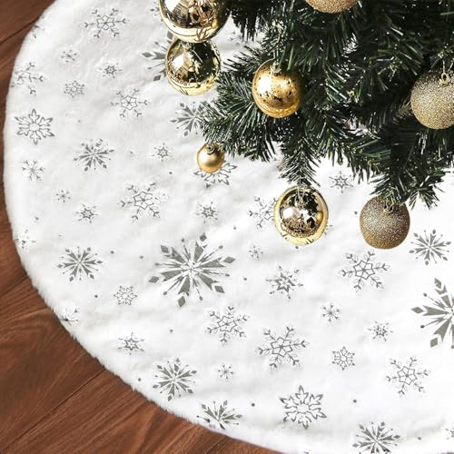 RANJIMA Weihnachtsbaum Decke Christbaumdecke 90 cm, Groß Kunstfell Schneeflocken Rund Matte unter Weihnachtsbaum Tannenbaum Decke Unterlage Teppich, Weihnachtsbaumdecke für Weihnachtsdeko Urlaub Party