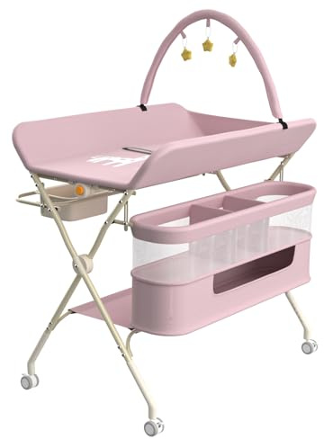 3 in 1 Wickeltisch klappbar, mobile Wickelkommode mit Rollen, Wickelstation höhenverstellbar, tragbare Wickelauflage bis 25 kg Belastbar,75 x 68 x 83–91 cm (B) Rosa