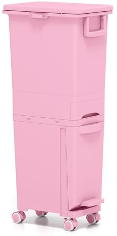 COSTWAY Mülleimer 3 Fächer, 32L Abfalleimer mit neigbarem Behälter, Schublade & Aufkleber, Tretmülleimer auf Rädern, 3 in 1 Mülltrennsystem mit Griff & Haken für Küche, Wohnzimmer (Rosa)