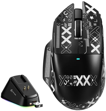 MAMBASNAKE x ATTACK SHARK V6 Mouse Gaming Wireless con Base di Ricarica Magnetica, Peso 65 g, Sensore PAW3311, 25000 DPI, BT/2.4G/USB-C,100M Click, 500mAh per Destrimani–Nero+Grip Tape