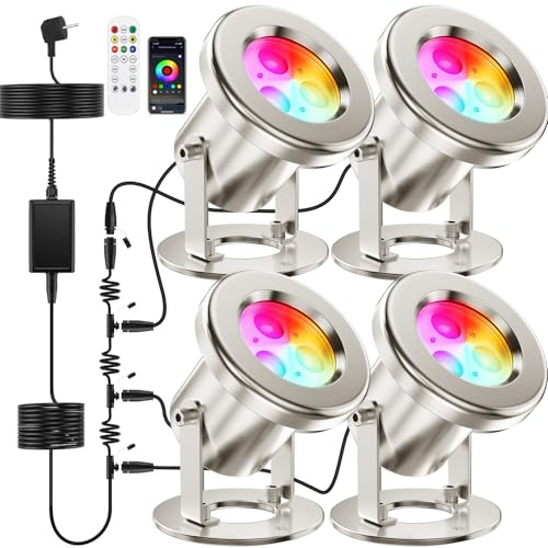 OSREE All-in-One Teichbeleuchtung LED Edelstahl SS316, RGB Erweiterbare Teichlampen Unterwasser mit 12M Kabel, Teichlicht IP68 für Teich, Wasserfall, Bach, Fischteich, Wasserspiel, 4er-Pack
