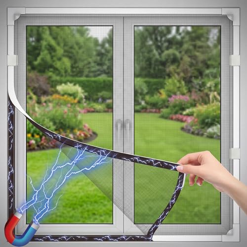 Magnetic Fly Screen Window Adjustable DIY Window Net Fits Up to 110x120cm, Fiberglass Mosquito Mesh Windows Keep Bug Flies Out, Full Frame Magnetic Strip Easy Install No Drilling