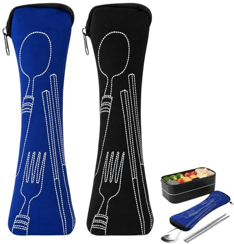 2 Piece Travel Cutlery Bag Set, Neoprene Cutlery Pouch for Camping Work School Picnic, Empty Utensil Case for Knife Fork Spoon Chopsticks, Reusable Zipper Storage Bag Black Blue