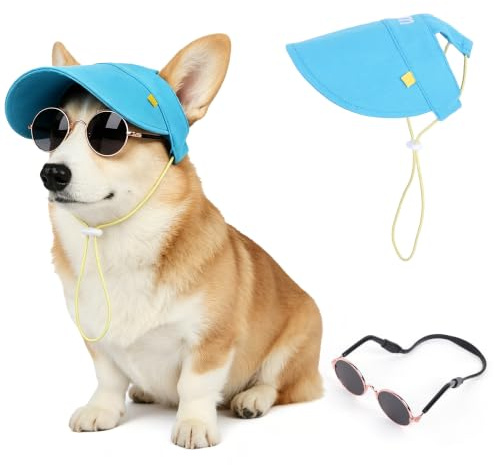Hunde Sonnenhut Set Hunde Sonnenbrille, Verstellbarer Hunde Hut mit Ohrlöchern, Rutschfestes Silikonband Sonnenbrille Für Welpen Kleine Mittelgroße Hunde, Sommer Sonnenschutz Foto-Requisiten (Blau, M)