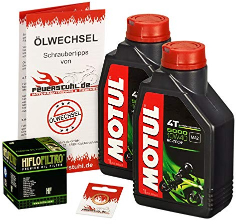 Motul 10W-40 Öl + HiFlo Ölfilter für Suzuki VL 125 Intruder, 00-08, A4 - Ölwechselset inkl. Motoröl, Filter, Dichtring