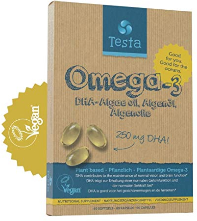 Testa Omega 3 - Huile d'Algues - Oméga 3 Vegan Supplément – Super concentré DHA 250 mg par capsule – Bon pour le Coeur et les Yeux – 60 gélules – 2 mois de stock