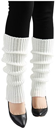 sourcing map Women's Knitted Toeless Solid Warm Stretchy Knee High Ribbed Leg Warmers White Fit Calf Girth:10-15