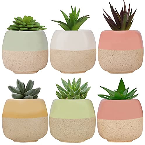 BELLE VOUS Mini Blumentopf Keramik (6 STK) - L6 x H5,5 cm Kleine Töpfe für Kakteen Mit Ablauf Loch - Für Zuhause, Büro, Innen, Außen, Garten - Deko Sukkulenten & Kaktus Übertopf Klein