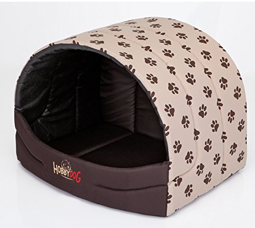 millybo Hundehütte Hundehöhle Hundebett Hundehaus S-XL (R3 (55 x 43 cm), beige mit Muster (Pfötchen))