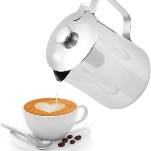 Jadeshay Jarra de Leche,600ml Taza de Espuma Taza de Café Espumador de Mano Acero Inoxidable Taza de Leche para Cafe Capuchino Espresso Leche Arte con Tapa