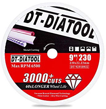 DT-DIATOOL Diamond Metal Cutting Disc 9 Inch / 230 x 22.23mm Cut-Off Wheel for Steel Tube Iron Rebar