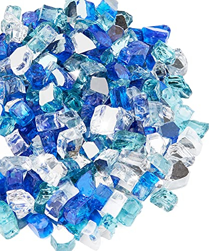 NUPICK 9,1 kg Feuerglas für Feuerstelle, 1,27 cm gehärtetes gemischtes Feuerglas in Bahama-Mischung für Propan-Feuerstelle und Gaskamin, blauer und weißer Feuerglasstein