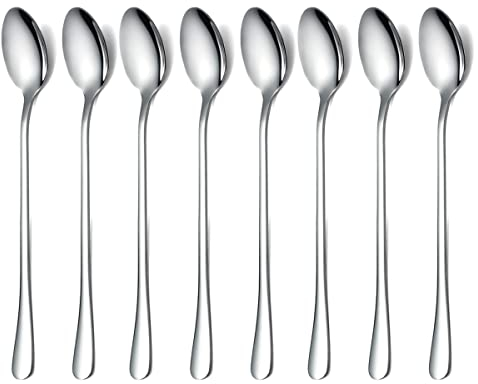 HOMQUEN Cuillère à Long Manche, Agitateur à Café, Cuillère à Café en Acier Inoxydable de Qualité Supérieure, Cuillère à Thé Glacé, Cuillère à Crème Glacée, Cuillère à Cocktail, Lot de 8 (Argent)