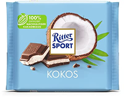 Ritter Sport Kokos 100 g, Vollmilchschokolade gefüllt mit köstlicher Kokos-Milchcreme & knusprigen Kokosraspeln, tropischer Genuss mit Südsee-Note