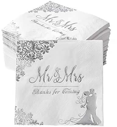 Silberne Hochzeitsservietten für den Empfang, Mr and Mrs Hochzeits-Cocktail-Servietten, Einweg-Servietten für Hochzeit, Verlobung, Brautparty, Party-Dekorationen, 100 Stück