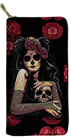 Biyejit Damen-Geldbörse mit Totenkopf-Motiv, Leder, großes Fassungsvermögen, Kreditkartenhalter, Handy-Clutch, Handtasche