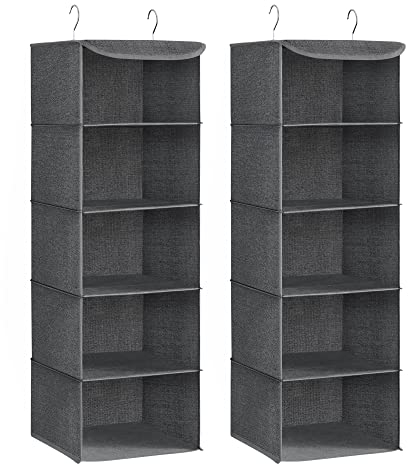SONGMICS Hängeorganizer, 2er Set, Schrank-Organizer, Hängeregal, Hängeaufbewahrung, faltbar und platzsparend, Metallhaken und Bambus-Einsätze, leinenartige Textur, grau RCH005G02