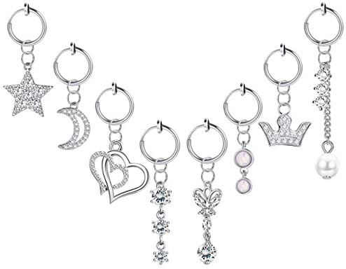 Sllaiss 4-8Pcs Faux Piercing au ventre 16G Non Piercing Set Clip en acier inoxydable sur Anneau de bouton Trendy Moon Star Crown Love Heart Dangle Clip sur le nombril Piercing(8PCS)