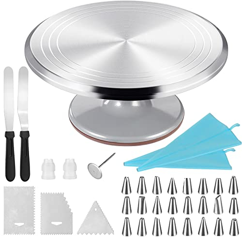 Haiyudz Cake Turntable, Rotating Cake Stand, with 12 inch Aluminium Alloy Rotating Turntable, Includes Palette Knife and Cream Scraper Accessories Etc. (Silver)