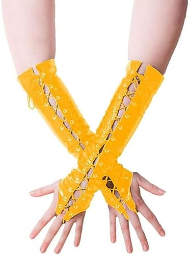 Unisex Lange Fingerlose Handschuhe Handschuhe PVC Schnürung Wetlook Lederhandschuhe Frauen Pole Dance Ellenbogenlange Handschuhe Rot Grün,Gelb,7XL
