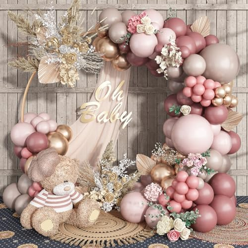 Dusty Rose Pink Balloon Arch Kit, Retro Pink Nude Beige Metallic Rose Gold Boho Balloon Garland Kit, Blush Pink Tan Latex Balloon for Women Girls Birthday Wedding Baby Bridal Shower Party Decorations
