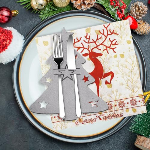12Stück Besteckhalter Weihnachten Filz Tannenbaum Rot + 20Stück Weihnachten Servietten Weihnachtsbaum Motiv, Tischdeko Weihnachten, Weihnachtsbaum Bestecktaschen für Weihnachtstischdekoration Party
