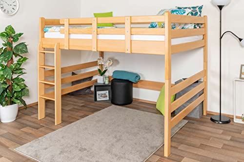 Hochbett 140 x 200 cm für Erwachsene Easy Premium Line K23/n, Buche Massivholz Natur lackiert, teilbar