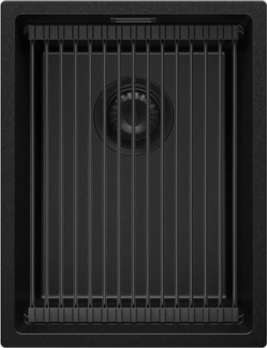 PRIMAGRAN Fregadero bajo Encimera Todo Negro 36x47cm, Cocina 1 Seno + Sifón + Enrollable Escurridor, Granito al mueble 40cm - Prague S107