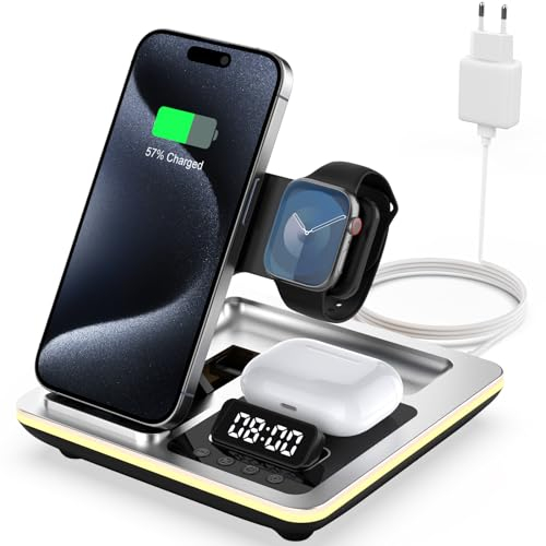 HATALKIN 5 in 1 Ladestation Apple,Induktive Kabelloses Ladegerät Kompatibel mit iPhone 16/15/14 Serie,Apple Watch 10/9/8/7/6/5/4/3/2/SE,AirPods 3/2/Pro,Wireless Charger iPhone mit Wecker & Nachtlicht.
