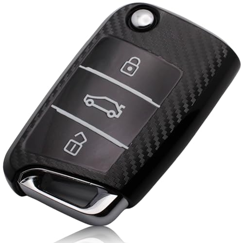 FOAMO Autoschlüssel Hülle Kompatibel mit VW Golf 7, SEAT, Skoda Autoschlüssel TPU Schlüssel-Hülle Schutz-Hülle für Autoschlüssel Carbon Schwarz