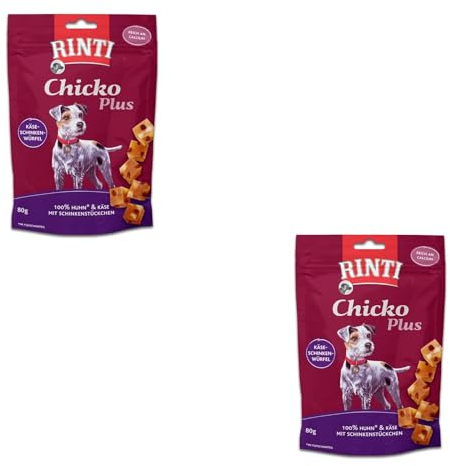 Rinti Chicko Plus Käse-Schinken-Würfel | Doppelpack | 2 x 80 g | Leckerli für Hunde | Hühnerbrustfilet mit herzhaften Käsestückchen + Schinken | Schonend luftgetrocknet