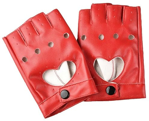 Joayuezo Punk Handschuhe Nieten Halbfinger Handschuhe Fingerlose Rock Handschuhe Damen Mädchen Lederhandschuhe für Halloween Frauen Teenager Cosplay (Heart,Red)