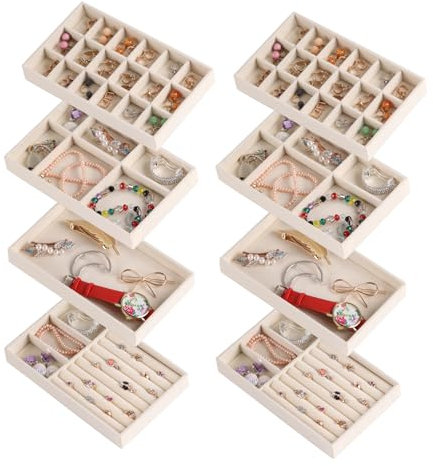 Afnkiom Plateau de rangement de bijoux empilable en velours, lot de 8 inserts de tiroirs pour femmes et filles, présentoir de bijoux pour bagues, colliers et clous d'oreilles, beige