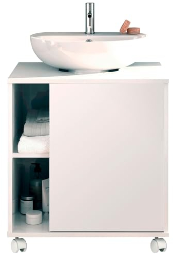 briebe Mueble Baño Bajo Lavabo Pie Armario Auxiliar para Lavabos con o sin Pedestal 64x59x45 cm, 1 Puerta, Espacio de Almacenamiento 6 Estantes, Esencia (Blanco Brillo)