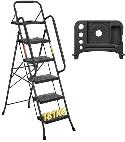 BONTEC 5 Step Ladder with Wide Anti-Slip Pedals, Folding Step Stool Capacity 150KG, Sponge Handrail, Strong and Solid Portable Ladder Suitable for Home, Kitchen, Pantry, Indoor/Outdoor Use
