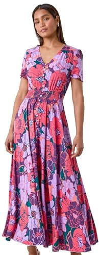 Roman Shirred Empire Waist Dress for Women UK Ladies Midi Maxi Summer Spring Tiered Frill Hem Short Sleeve V Neck Button Through Boho Bohemian Holiday Cruise - Purple Multi - Size 10