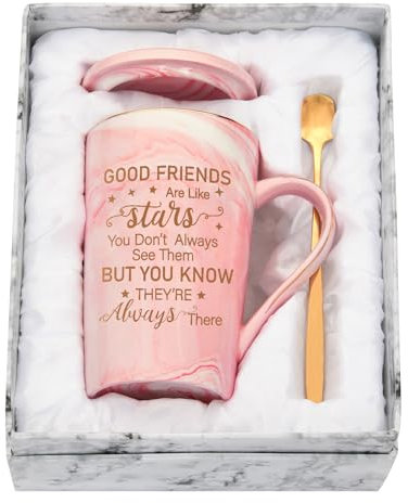 Diztoud Beste Freundin Geschenke Weihnachten Geburtstag, Weihnachtsgeschenke für Freundin, BFF, Personalisierte Tasse Freundschaft, 400ML Rosa Keramik Marmorbecher mit Deckel, Löffel und Geschenkbox