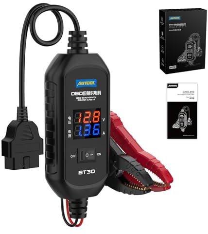 AUTOOL Car Memory Saver, OBD-II Memory Saver 12V Car ECU Emergency Power Supply Cable with 3A Fuse & 2 Alligator Clips, Digital Display Voltage & Current, OBD2 Battery Leakage Detective Kit
