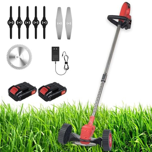 Electric Cordless Weed Wacker, 3 in 1 Wheeled Grass Lawn Trimmer/Brush Cutter with 2 Battery Operated & Charger, Weed Eater Cordless for Garden Yard